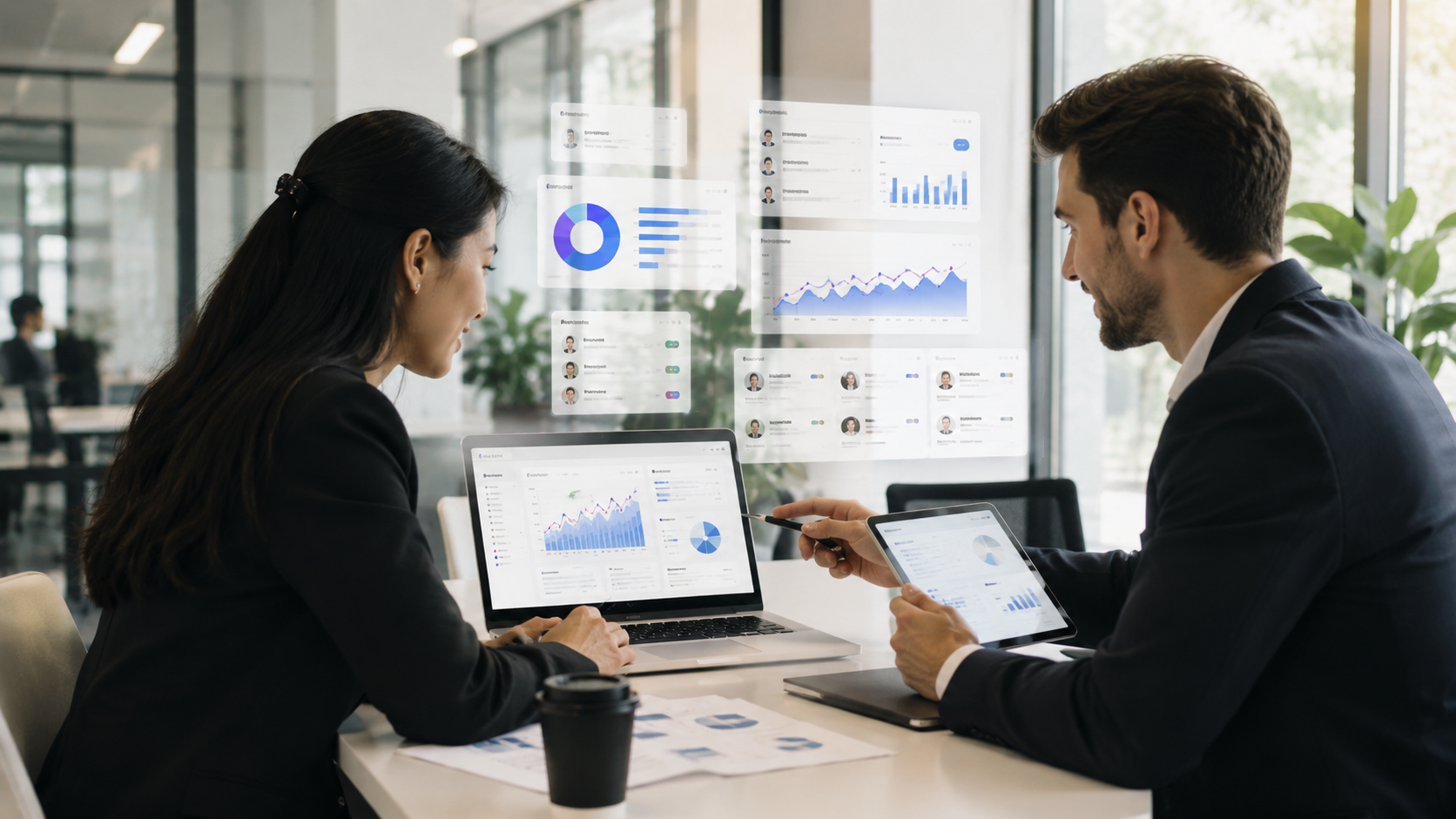 Business leaders reviewing connected digital dashboards