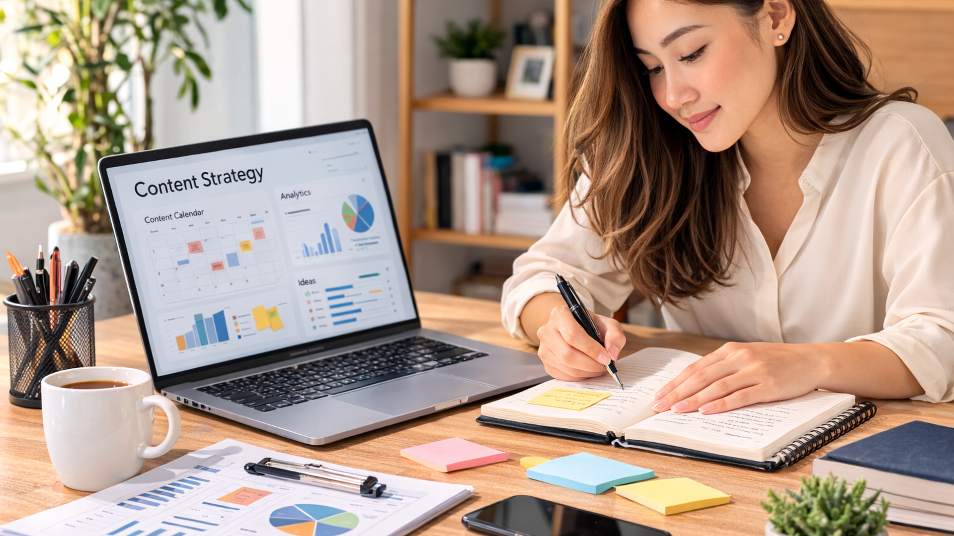 A content strategist planning a digital campaign beside an analytics dashboard
