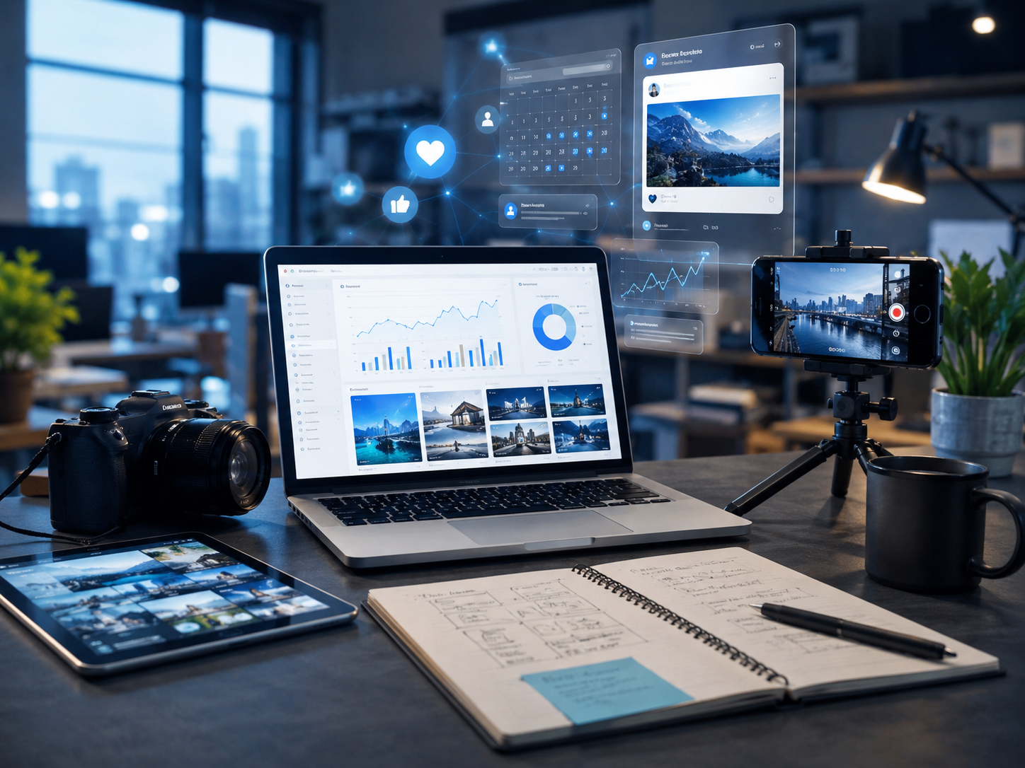 A social content production studio with cameras and performance analytics
