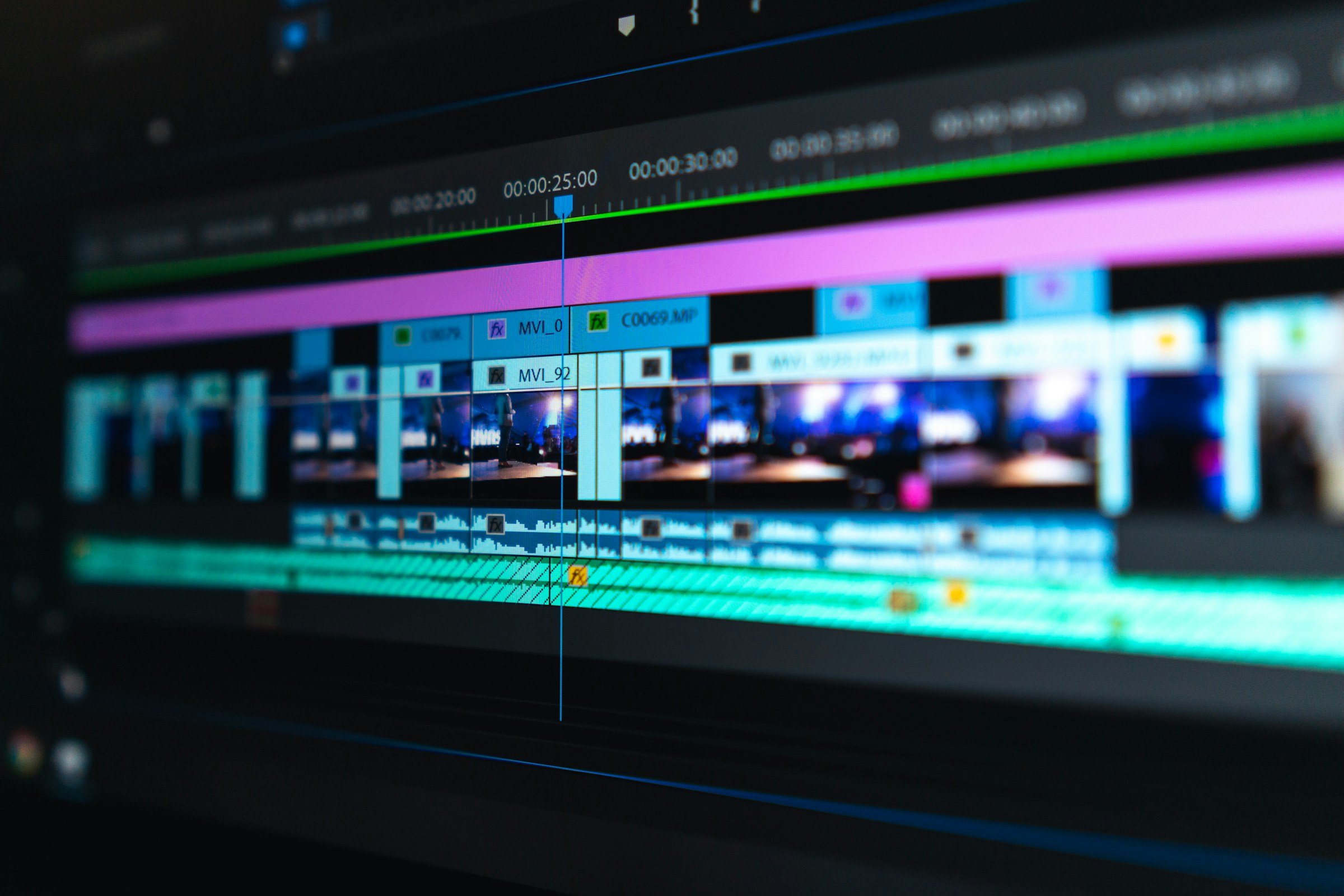 A professional video editing timeline in production