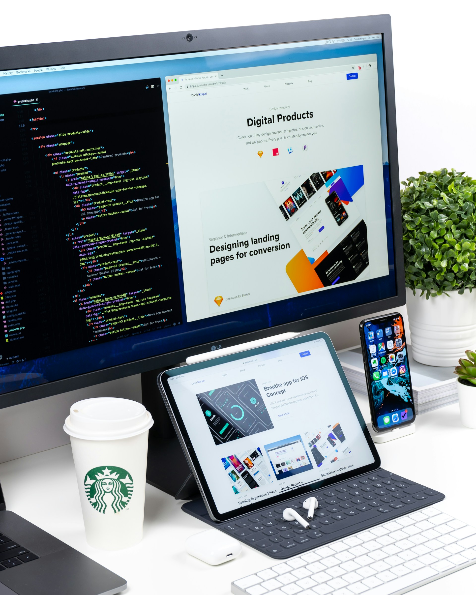 Responsive web products displayed beside a development workspace