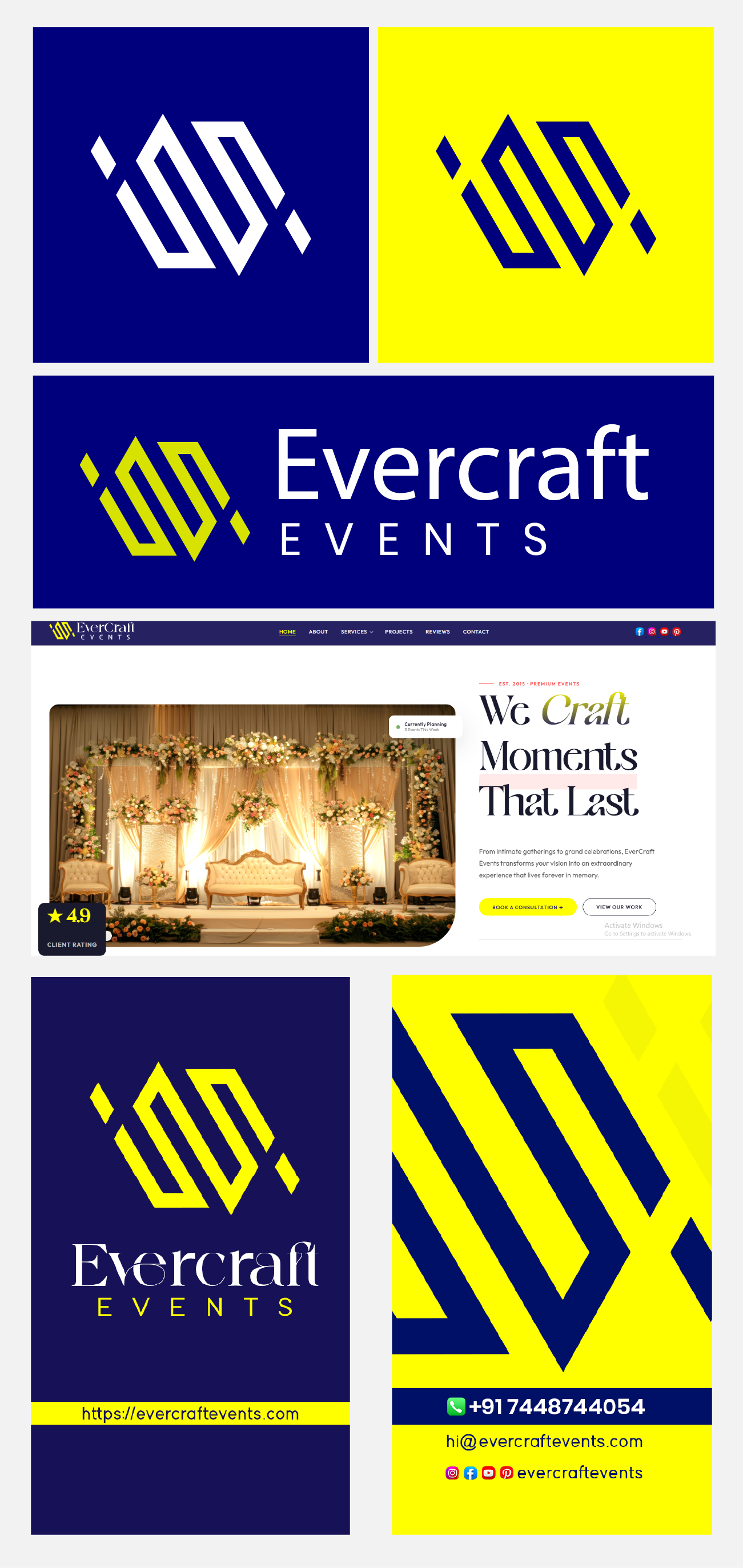 Evercraft Events presentation showing geometric logo variations in blue, yellow, and white, an event website design, and two business card layouts