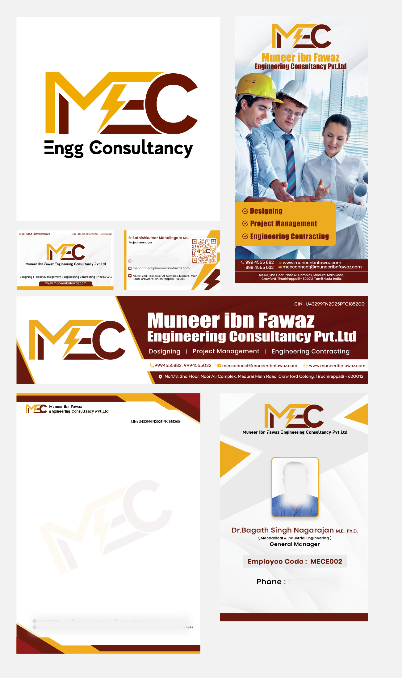 MEC Engineering Consultancy presentation showing a gold and maroon logo, business cards, vertical and horizontal promotional banners, a letterhead, and an employee ID design