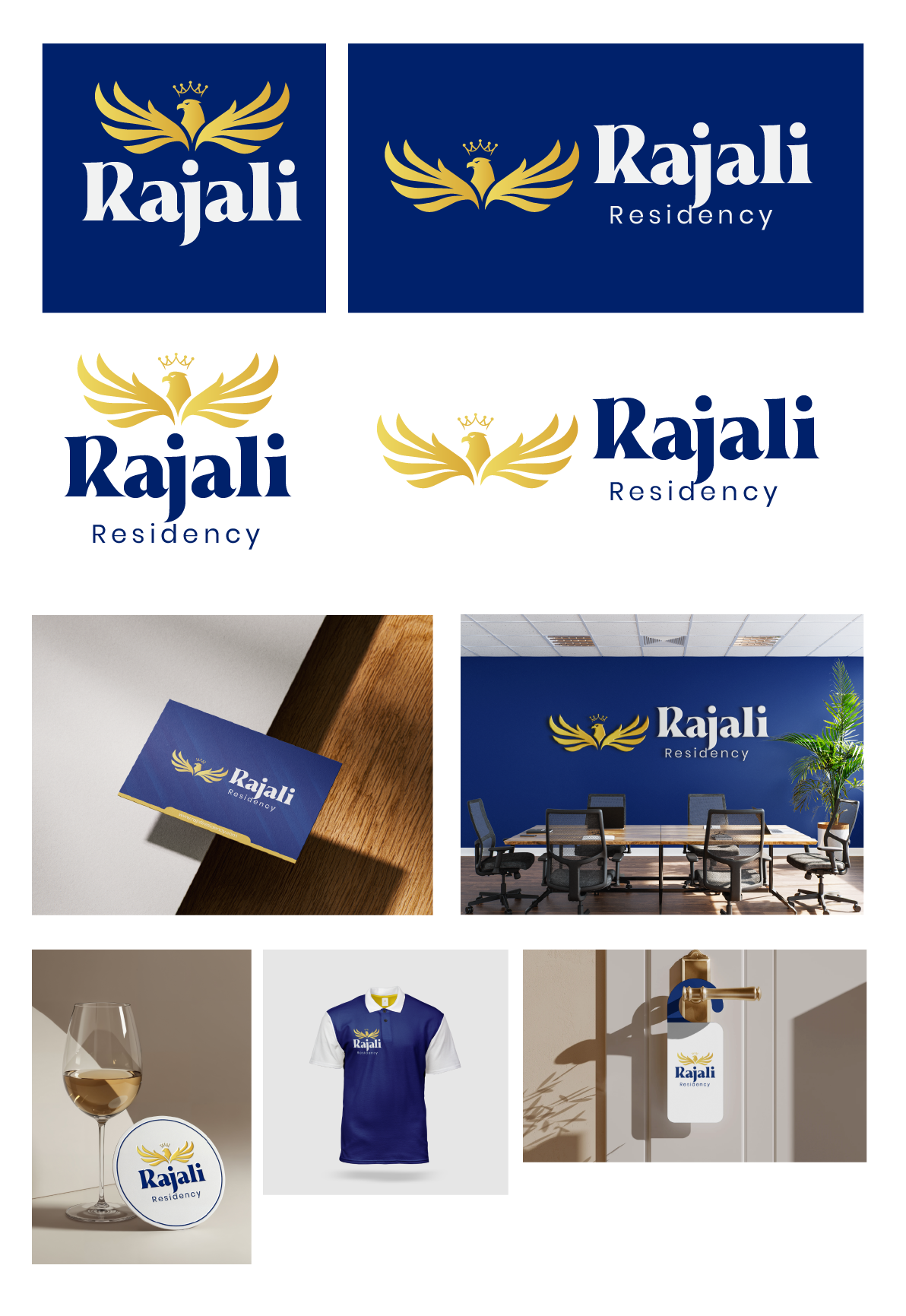 Rajali Residency branding presentation showing navy and gold logo variations, a business card, wall signage, coaster, uniform, and door hanger mockups