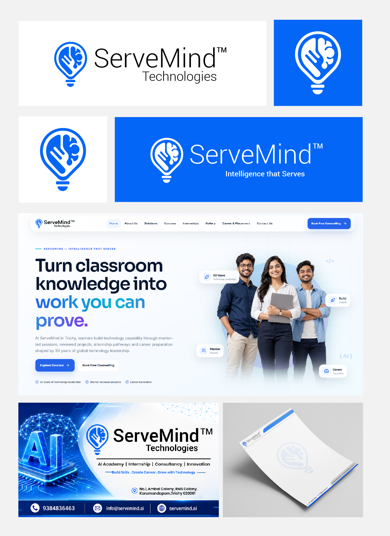 ServeMind Technologies presentation with blue and white bulb logo variations, a training website design, a promotional banner, and a letterhead mockup