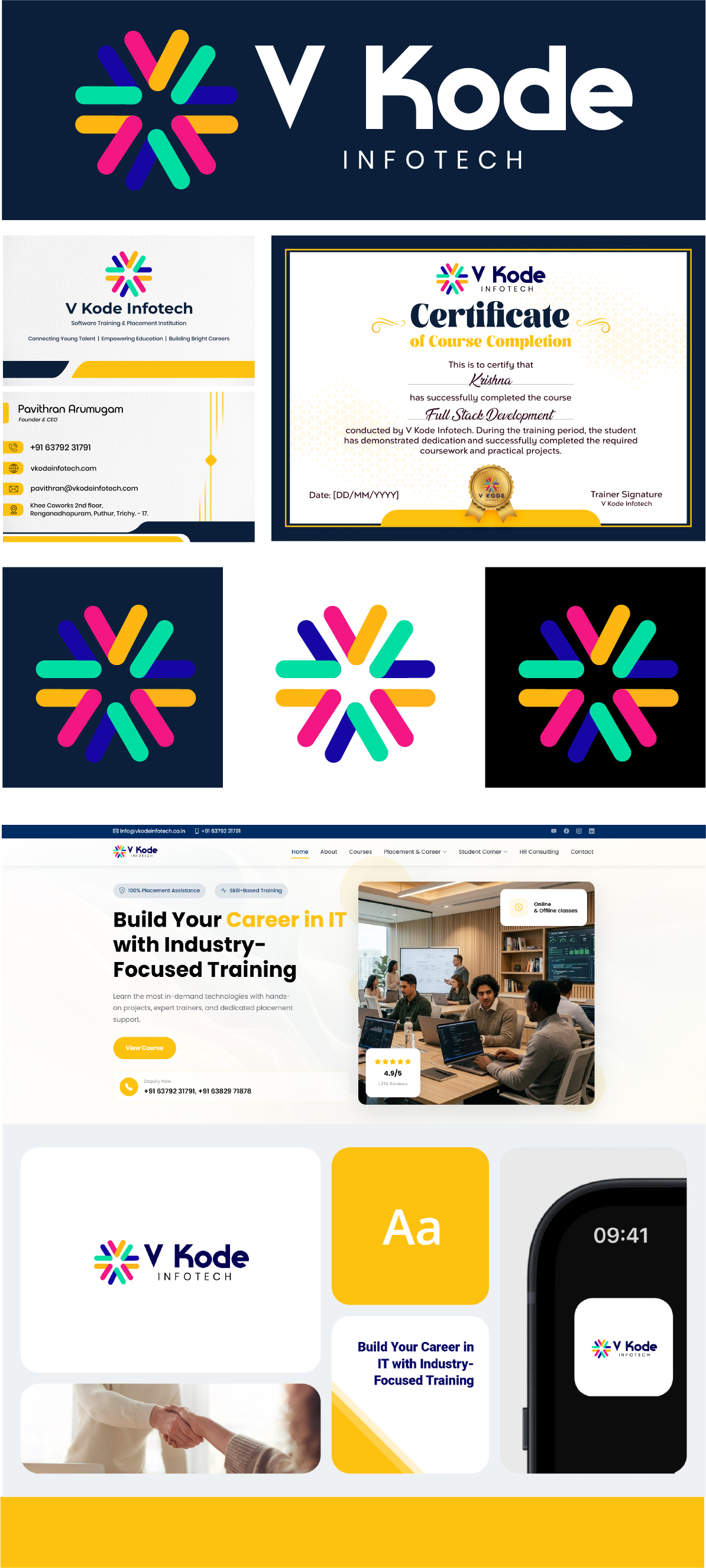 V Kode Infotech identity presentation with a multicolour logo, business cards, course certificate, website design, and brand applications